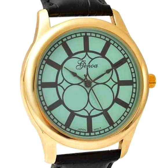 GENOA Gold Tone Japanese Movement Genuine Leather Watch - Picture 2 of 8